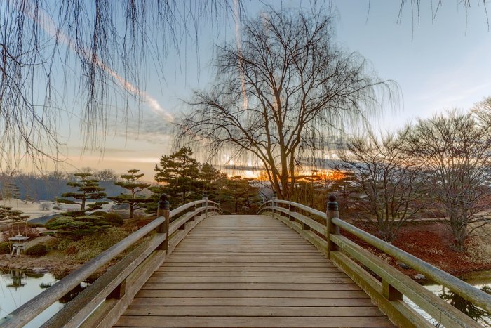 Country bridge on a winters evening at sunset